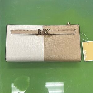 Michael Kors White and Tan Clutch with Bifold Design and Gold Hardware
